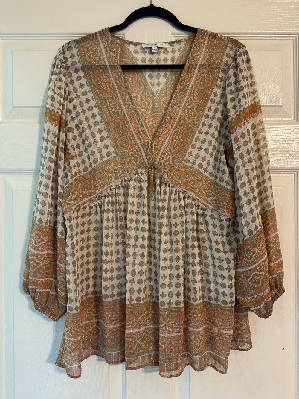 Rose & Olive Boho V-Neck Tunic in Cream and Rust